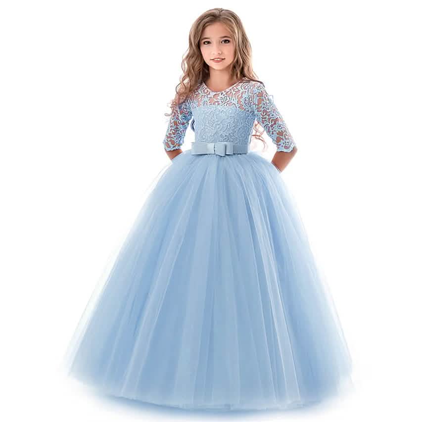 Girls' Floral Lace Solid Tulle Maxi Short Sleeve Vintage Gowns Dresses